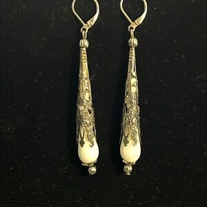 White teardrop earrings, long silver filagree cones 2.5” long